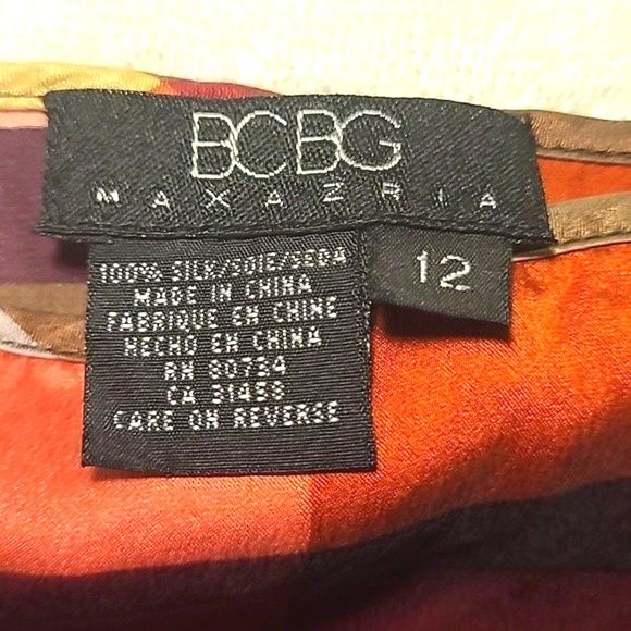 BCBGMaxAzria Straight Silk Long Skirt Below Knee Geometric Patchwork Ruffle Hem - Picture 6 of 16